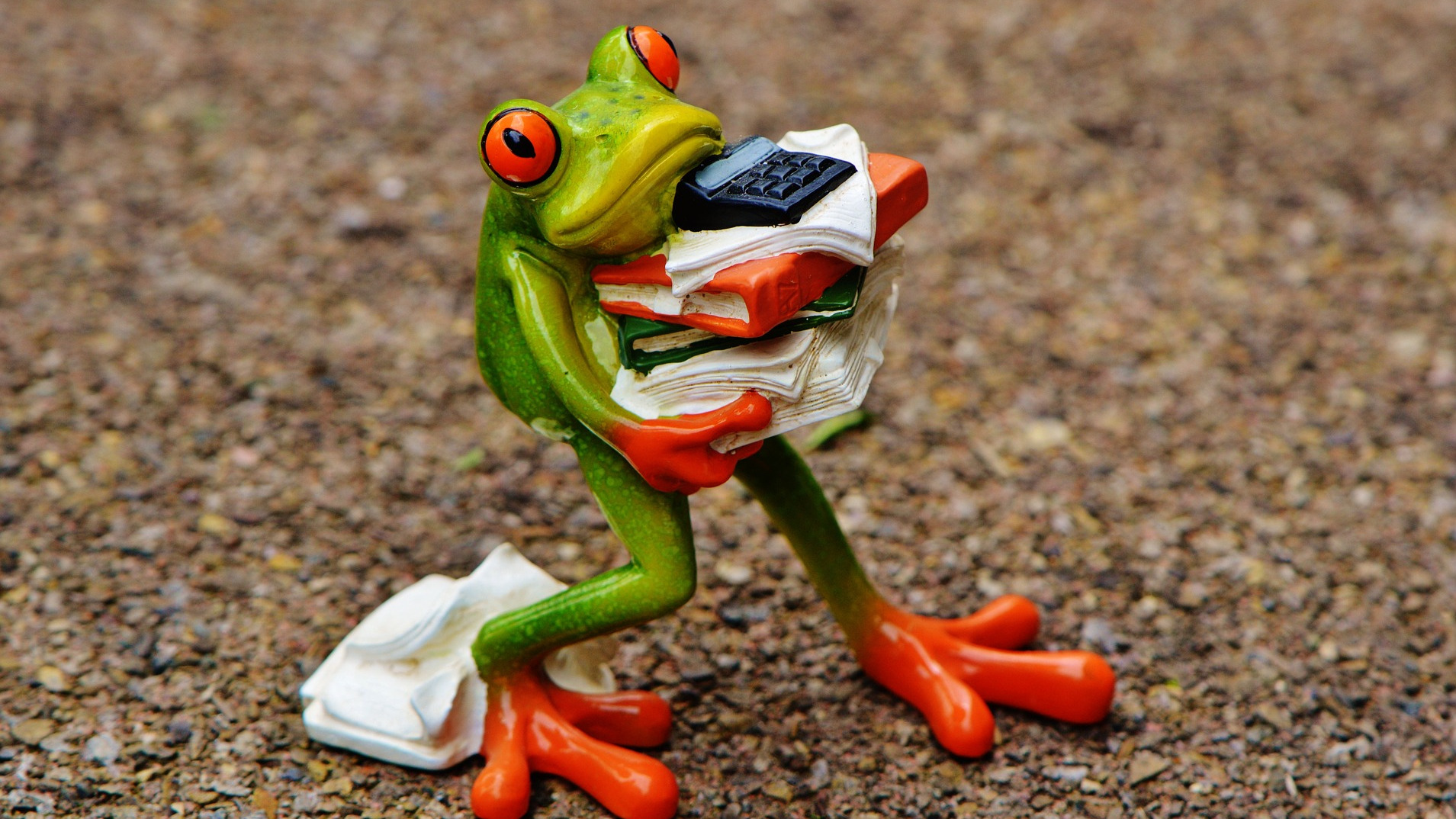 Toy frog looking stressed holding computer files
