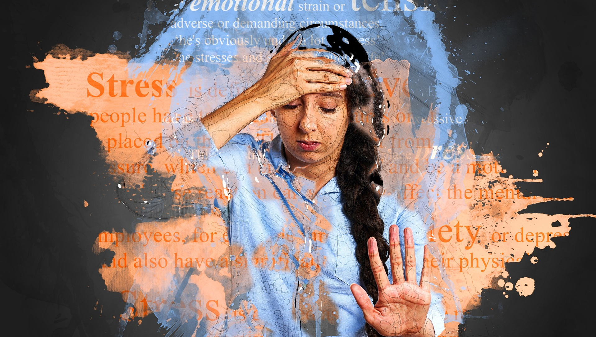 Picture of a stressed out woman with palm out